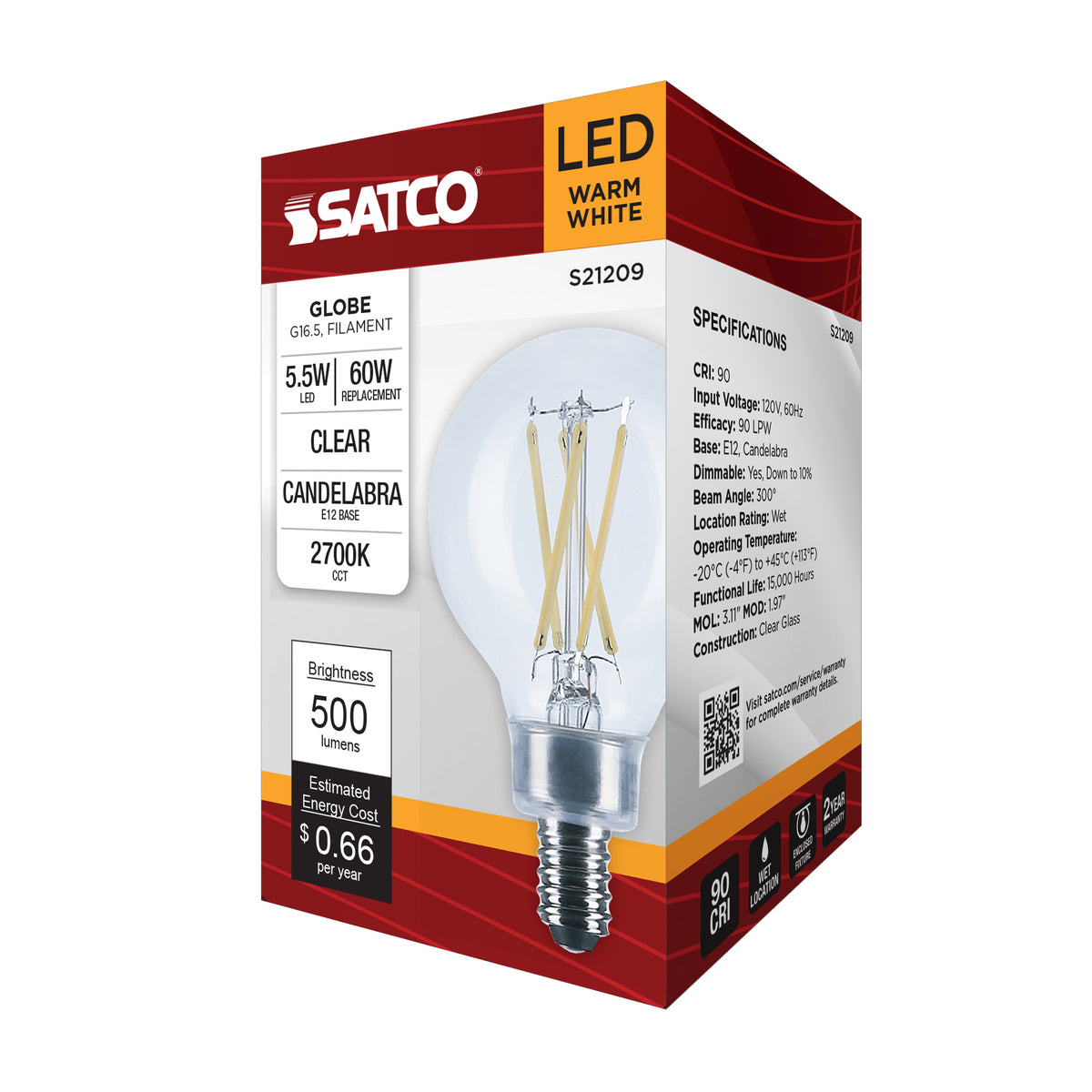 5.5 Watt G16.5 LED Filament - Clear - Candelabra base - 90 CRI - 2700K - 120 Volt