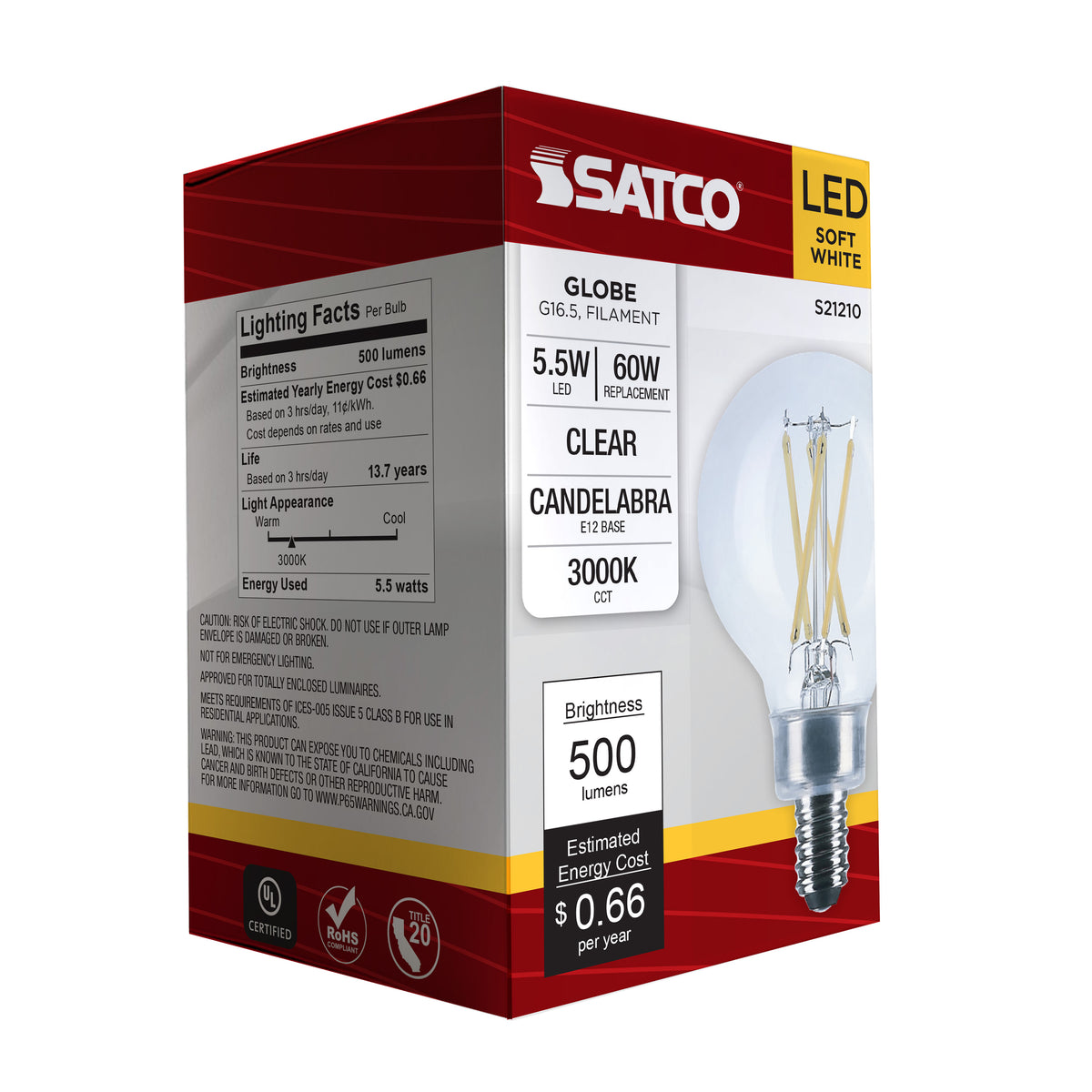 5.5 Watt G16.5 LED Filament - Clear - Candelabra base - 90 CRI - 3000K - 120 Volt