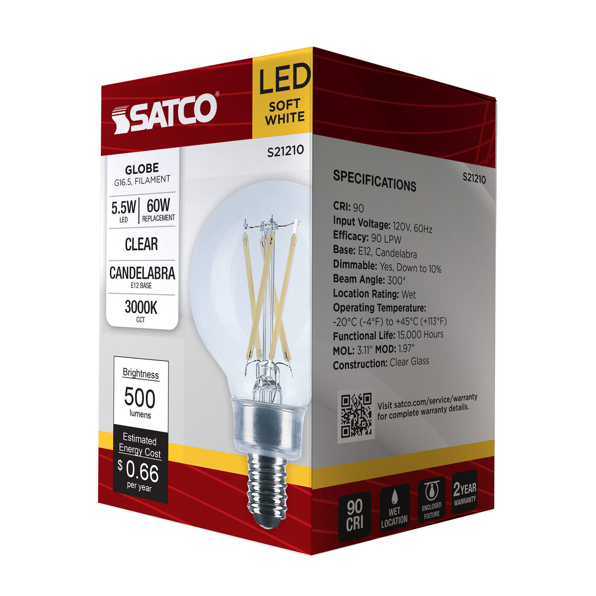 5.5 Watt G16.5 LED Filament - Clear - Candelabra base - 90 CRI - 3000K - 120 Volt