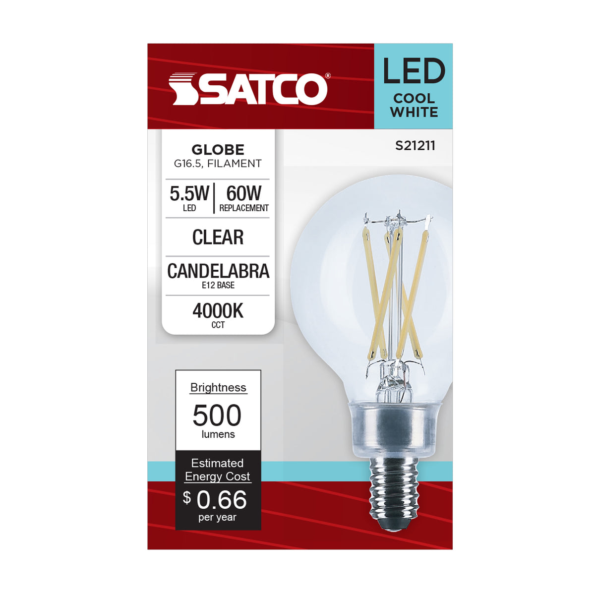 5.5 Watt G16.5 LED Filament - Clear - Candelabra base - 90 CRI - 4000K - 120 Volt
