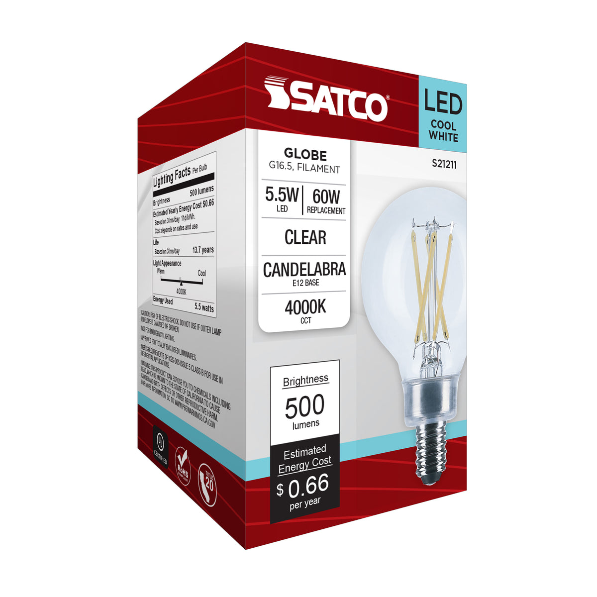 5.5 Watt G16.5 LED Filament - Clear - Candelabra base - 90 CRI - 4000K - 120 Volt