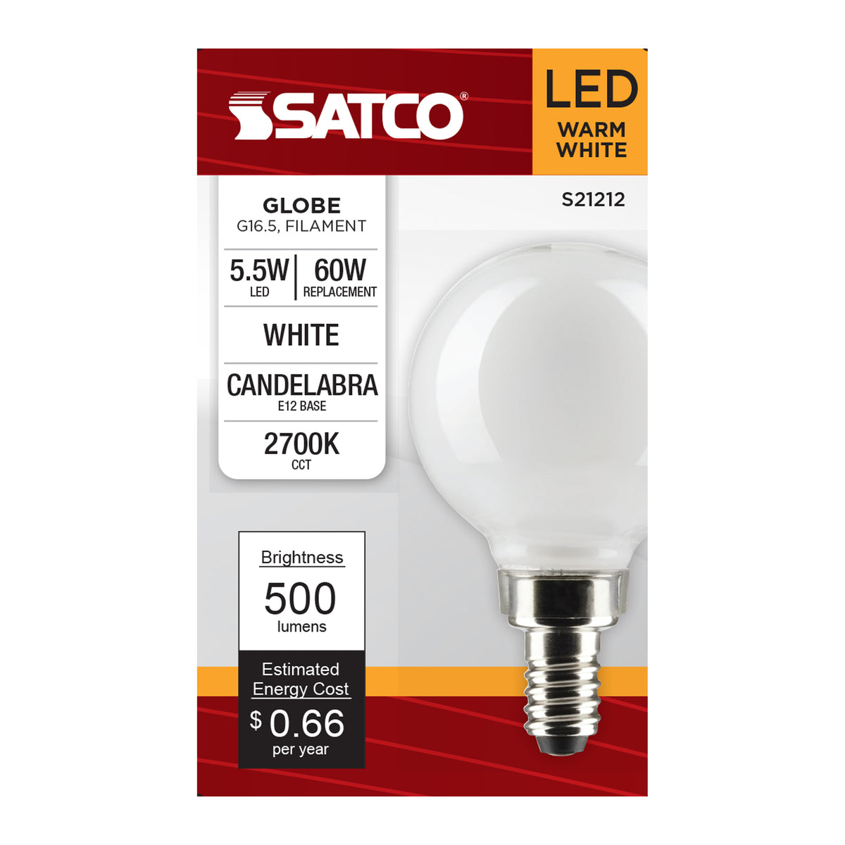 5.5 Watt G16.5 LED Filament - White - Candelabra base - 90 CRI - 2700K - 120 Volt