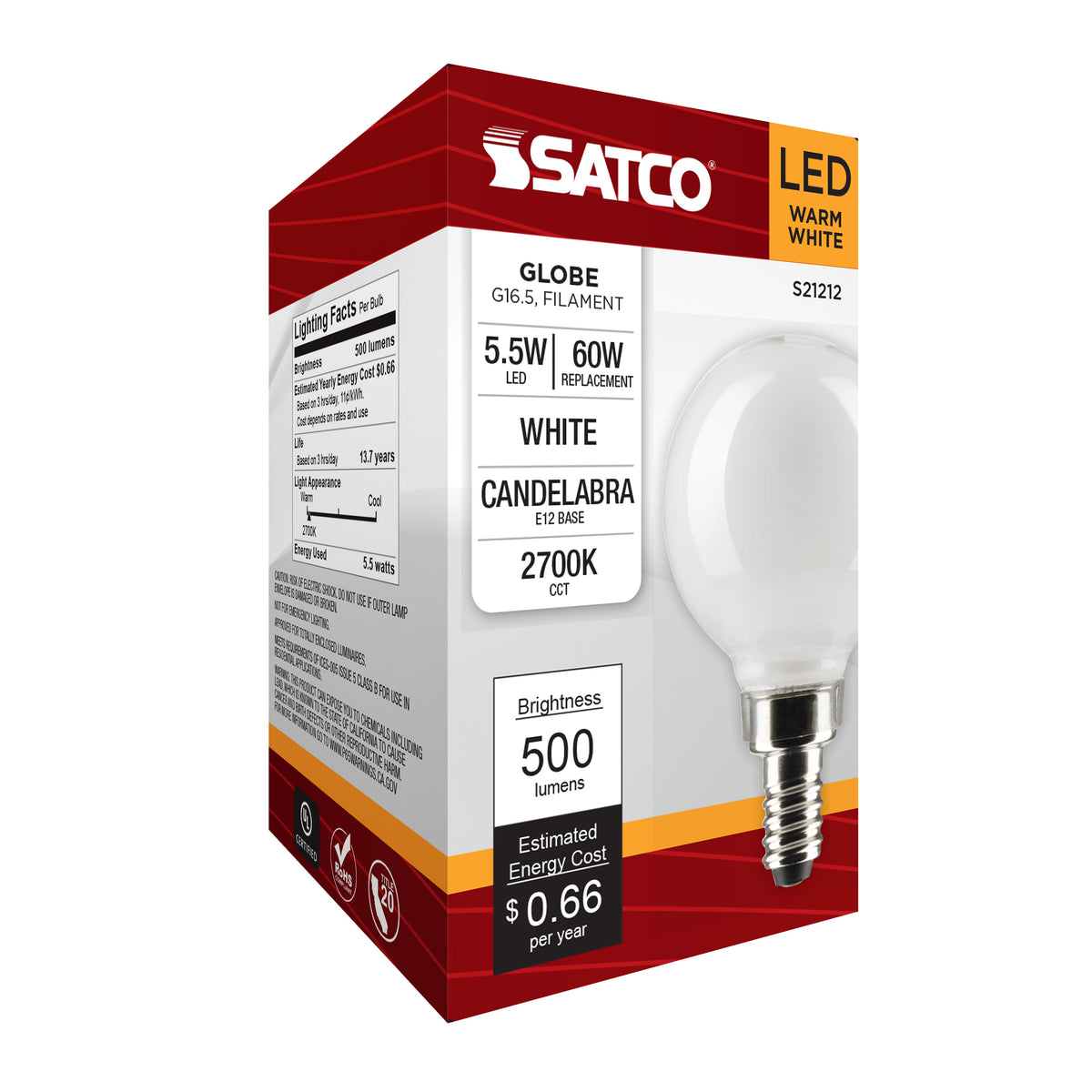 5.5 Watt G16.5 LED Filament - White - Candelabra base - 90 CRI - 2700K - 120 Volt