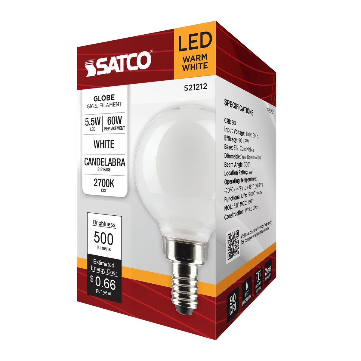 5.5 Watt G16.5 LED Filament - White - Candelabra base - 90 CRI - 2700K - 120 Volt