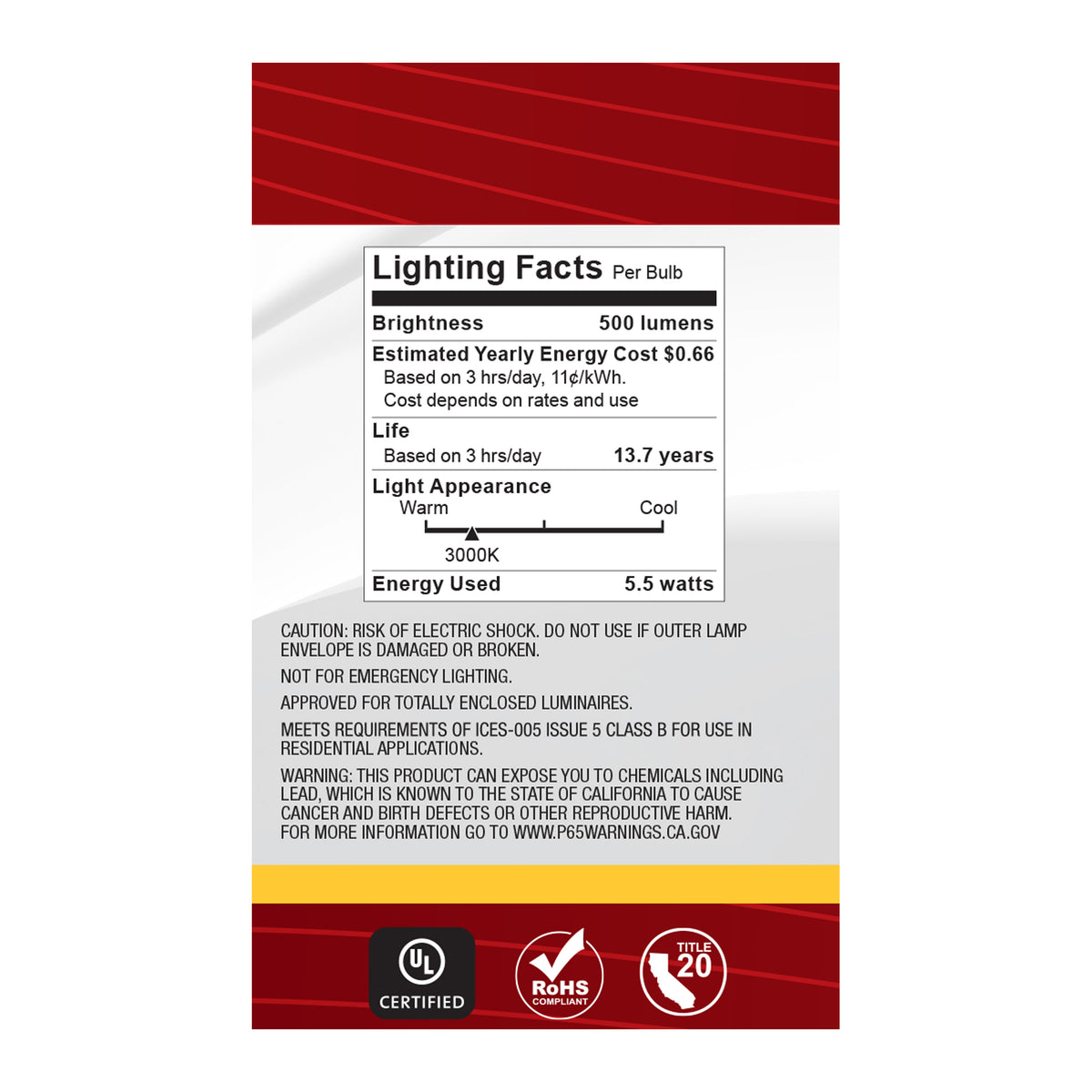 5.5 Watt G16.5 LED Filament - White - Candelabra base - 90 CRI - 3000K - 120 Volt