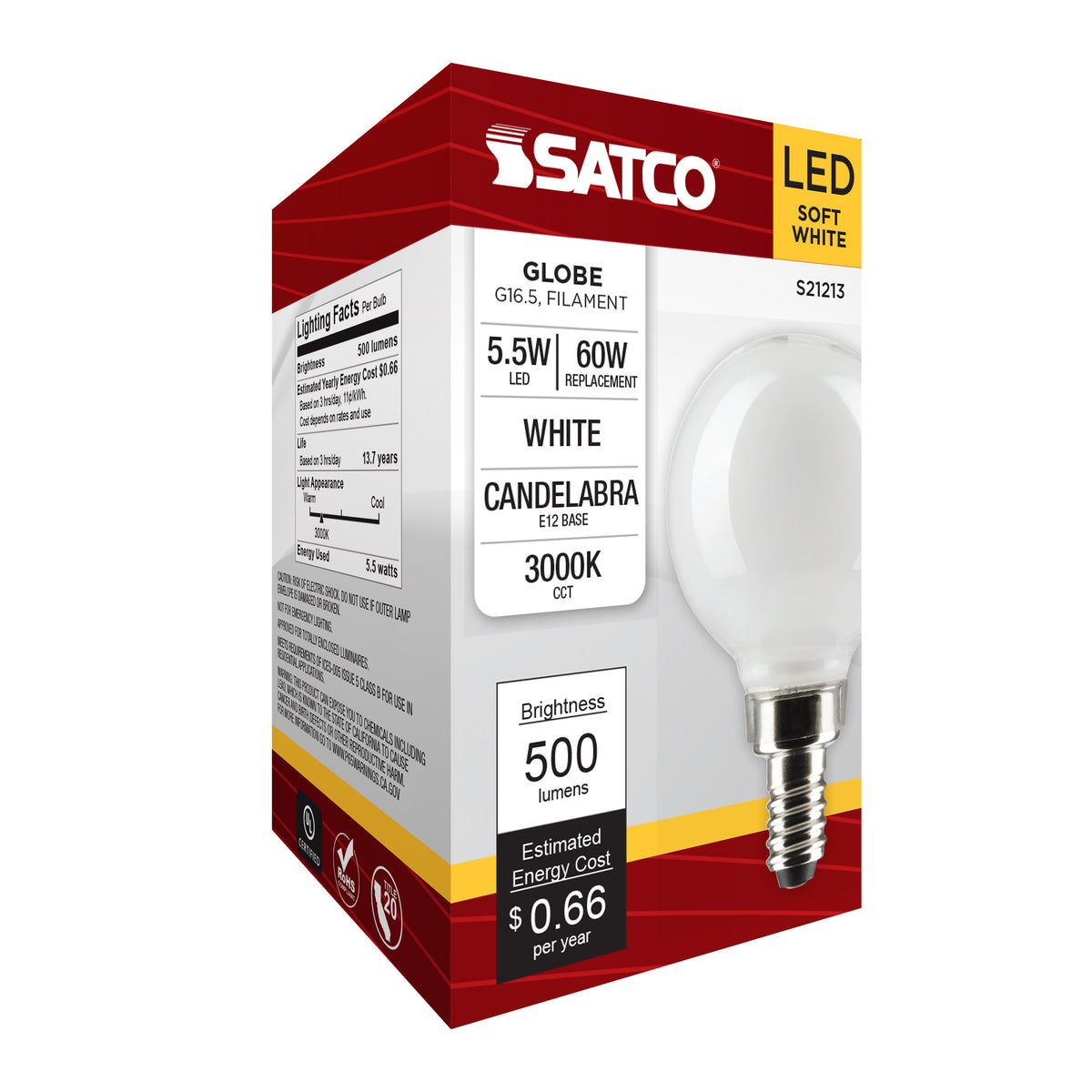 5.5 Watt G16.5 LED Filament - White - Candelabra base - 90 CRI - 3000K - 120 Volt