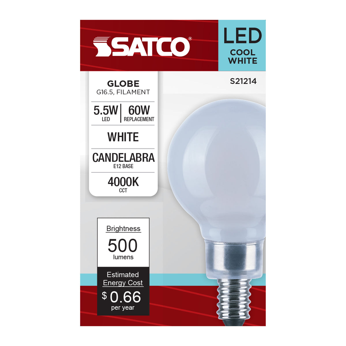 5.5 Watt G16.5 LED Filament - White - Candelabra base - 90 CRI - 4000K - 120 Volt