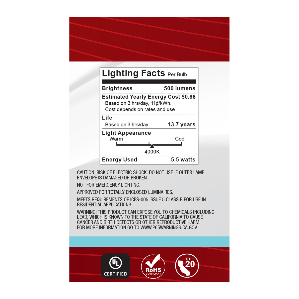 5.5 Watt G16.5 LED Filament - White - Candelabra base - 90 CRI - 4000K - 120 Volt