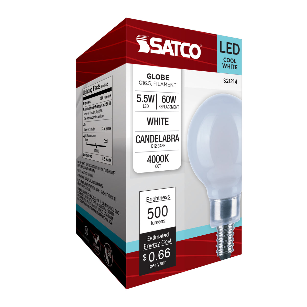 5.5 Watt G16.5 LED Filament - White - Candelabra base - 90 CRI - 4000K - 120 Volt