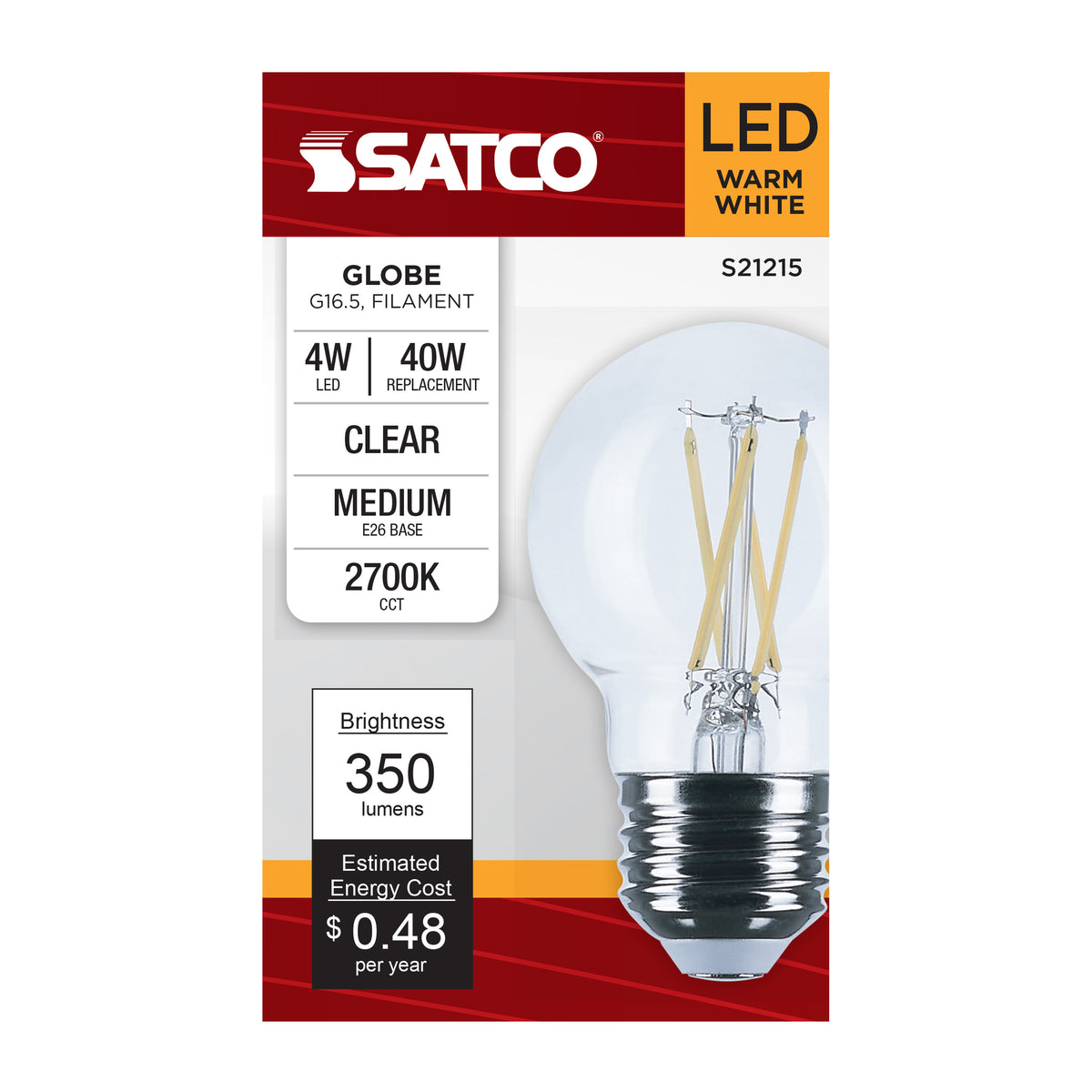 4 Watt G16.5 LED Filament - Clear - Medium base - 90 CRI - 2700K - 120 Volt