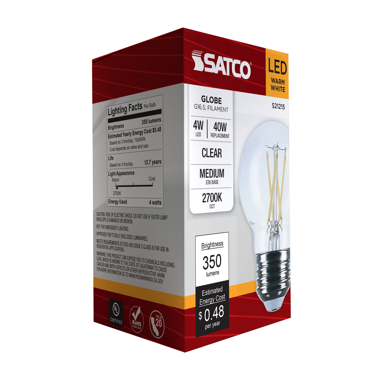 4 Watt G16.5 LED Filament - Clear - Medium base - 90 CRI - 2700K - 120 Volt