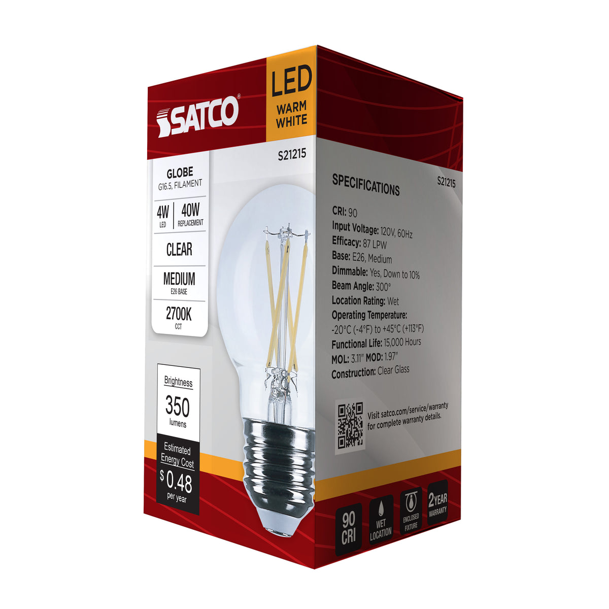 4 Watt G16.5 LED Filament - Clear - Medium base - 90 CRI - 2700K - 120 Volt