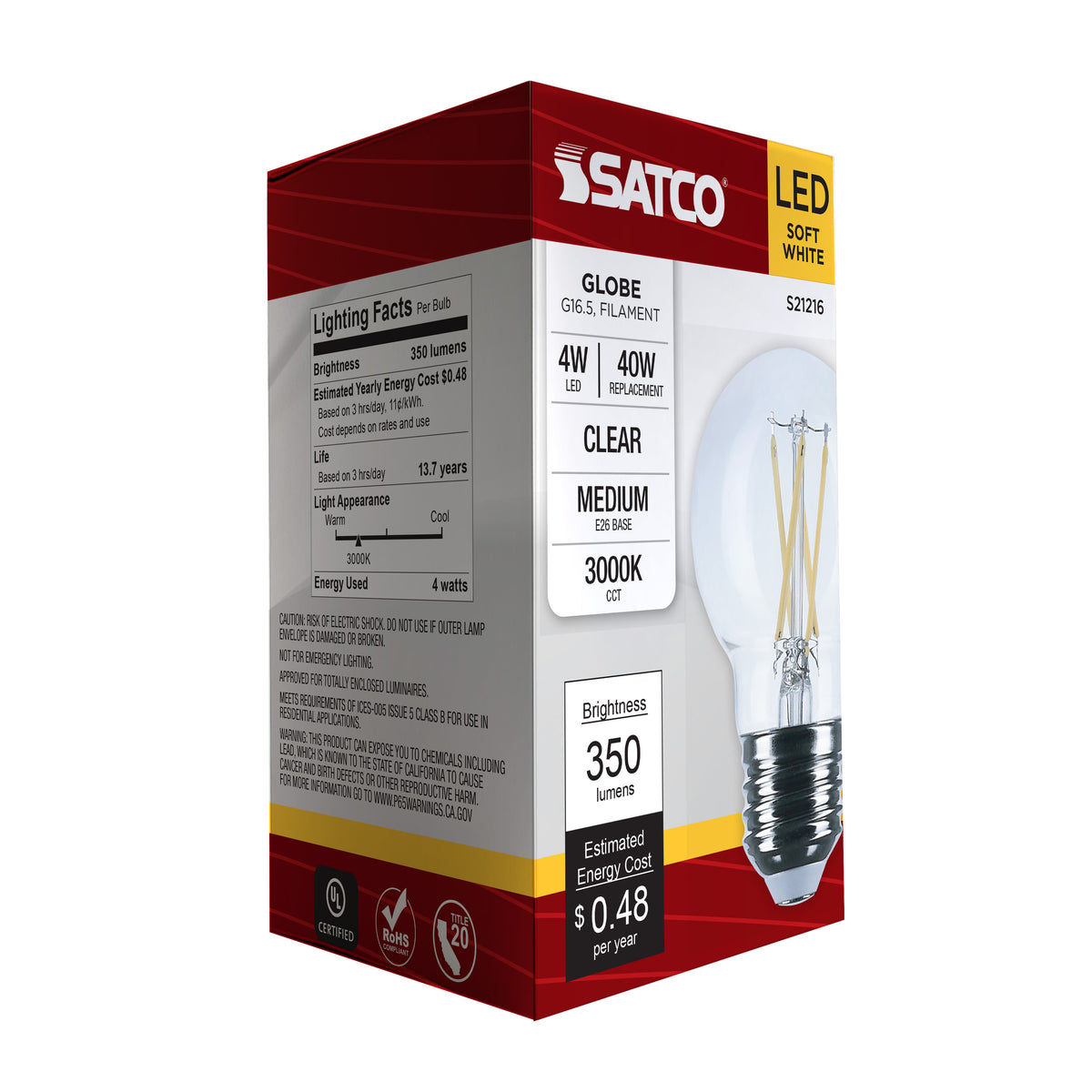 4 Watt G16.5 LED Filament - Clear - Medium base - 90 CRI - 3000K - 120 Volt