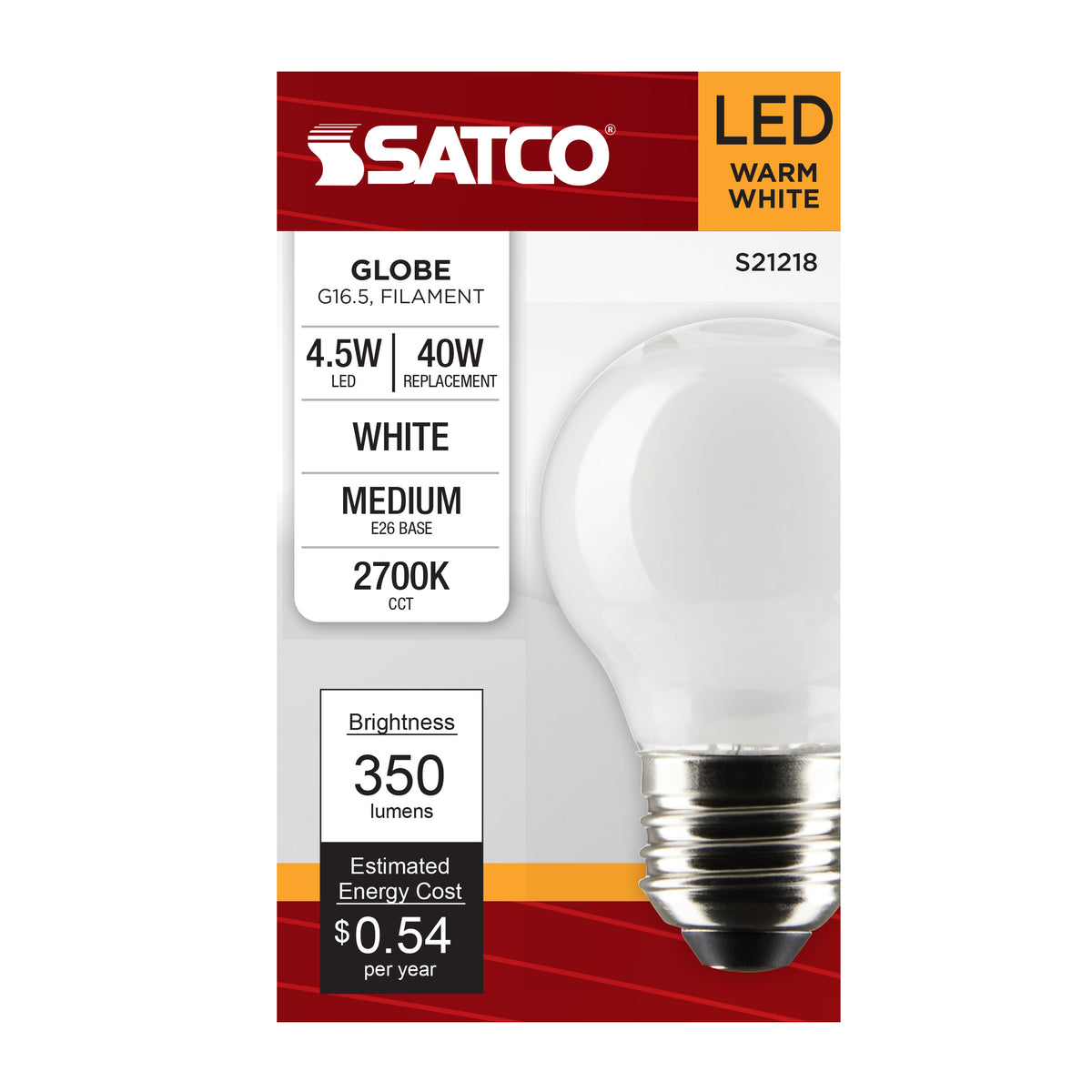 4.5 Watt G16.5 LED Filament - White - Medium base - 90 CRI - 2700K - 120 Volt