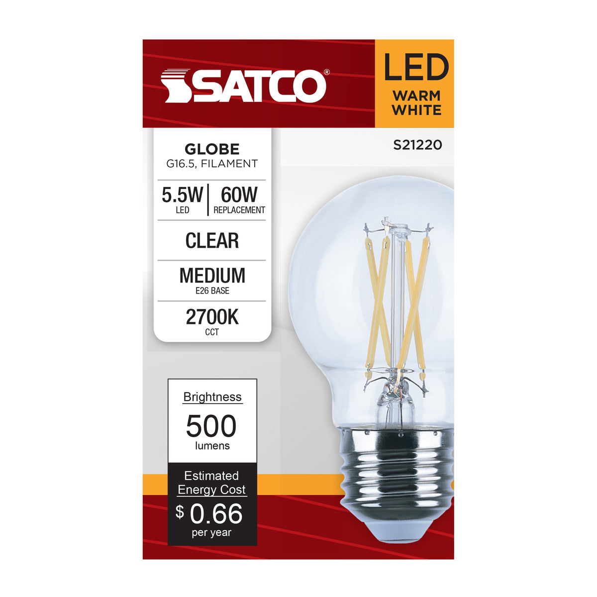 5.5 Watt G16.5 LED Filament - Clear - Medium base - 90 CRI - 2700K - 120 Volt