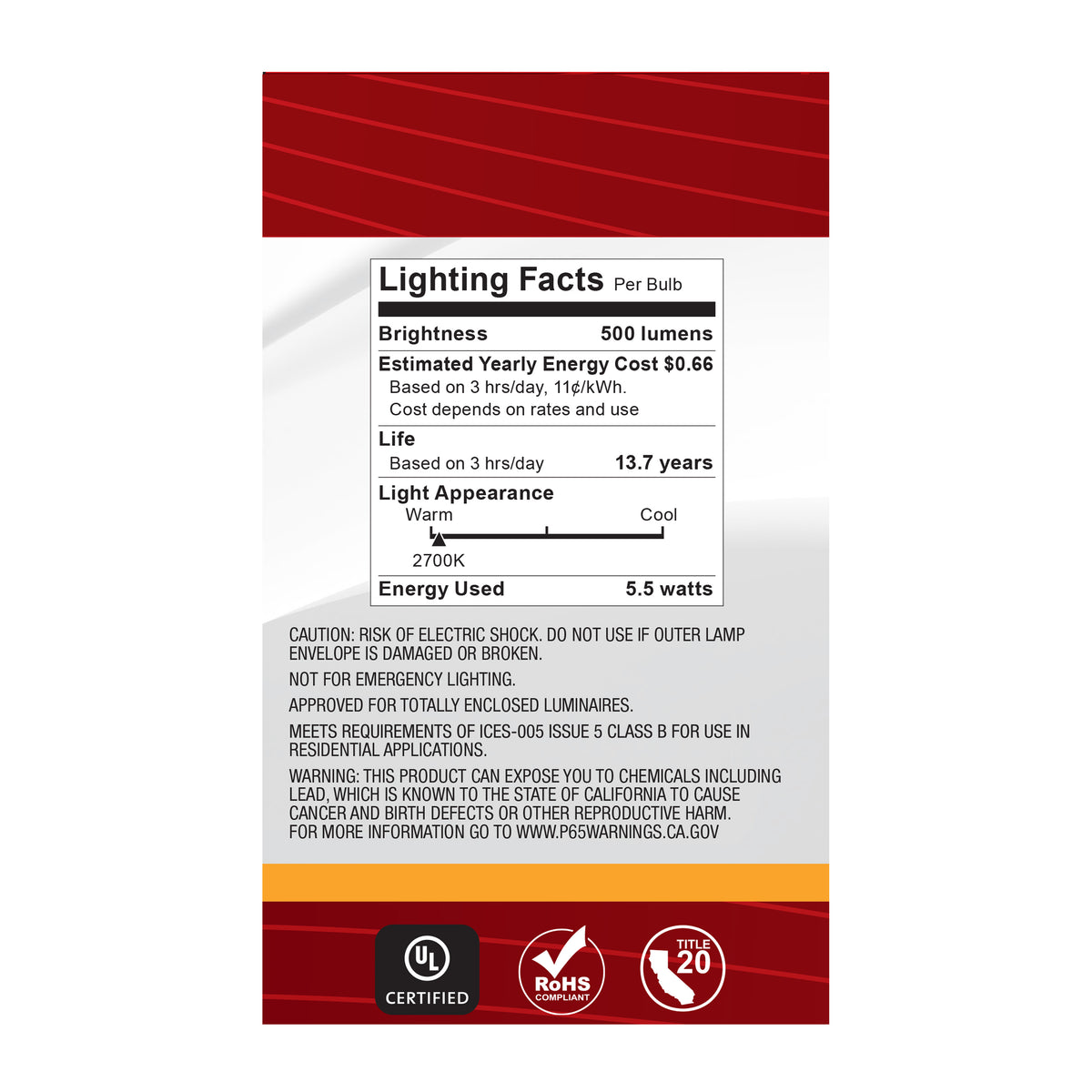 5.5 Watt G16.5 LED Filament - Clear - Medium base - 90 CRI - 2700K - 120 Volt