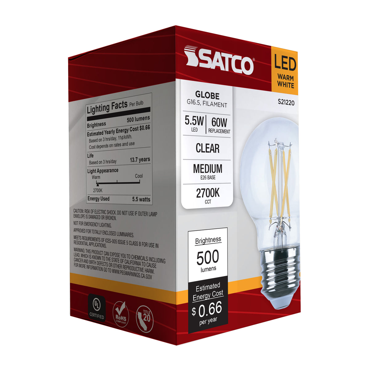 5.5 Watt G16.5 LED Filament - Clear - Medium base - 90 CRI - 2700K - 120 Volt