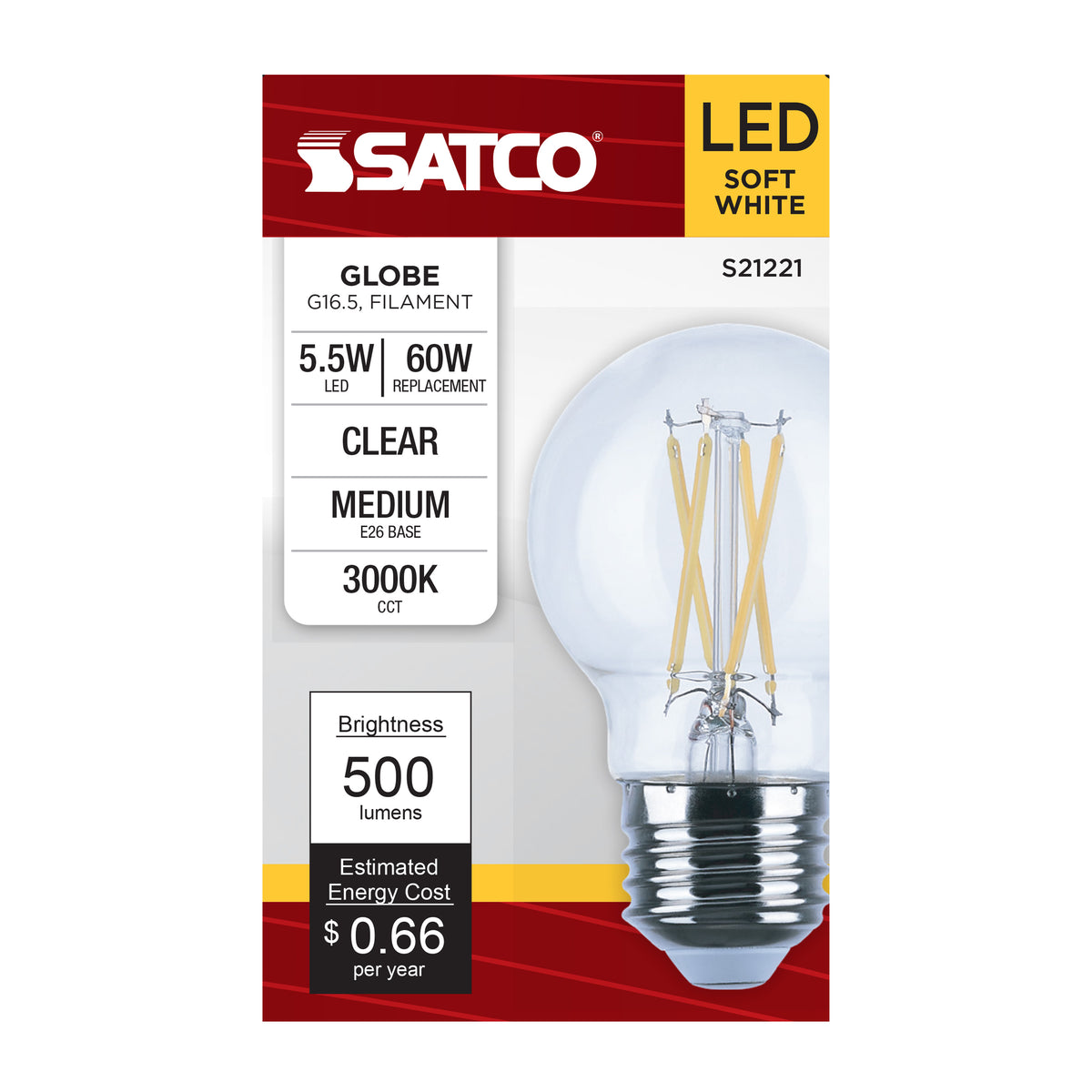 5.5 Watt G16.5 LED Filament - Clear - Medium base - 90 CRI - 3000K - 120 Volt