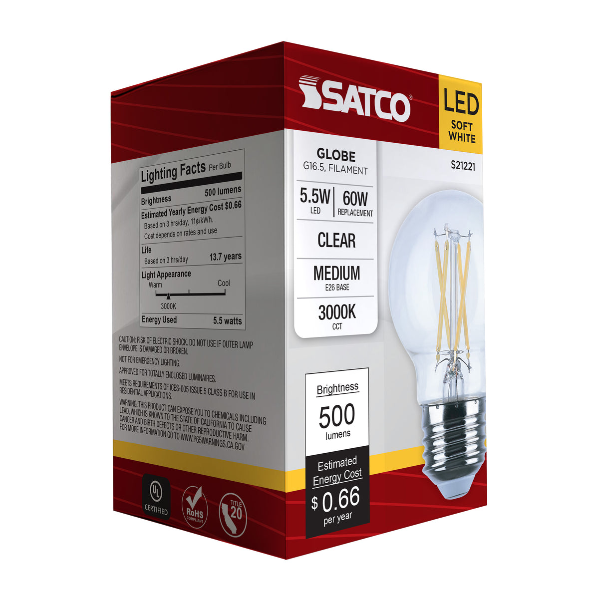 5.5 Watt G16.5 LED Filament - Clear - Medium base - 90 CRI - 3000K - 120 Volt