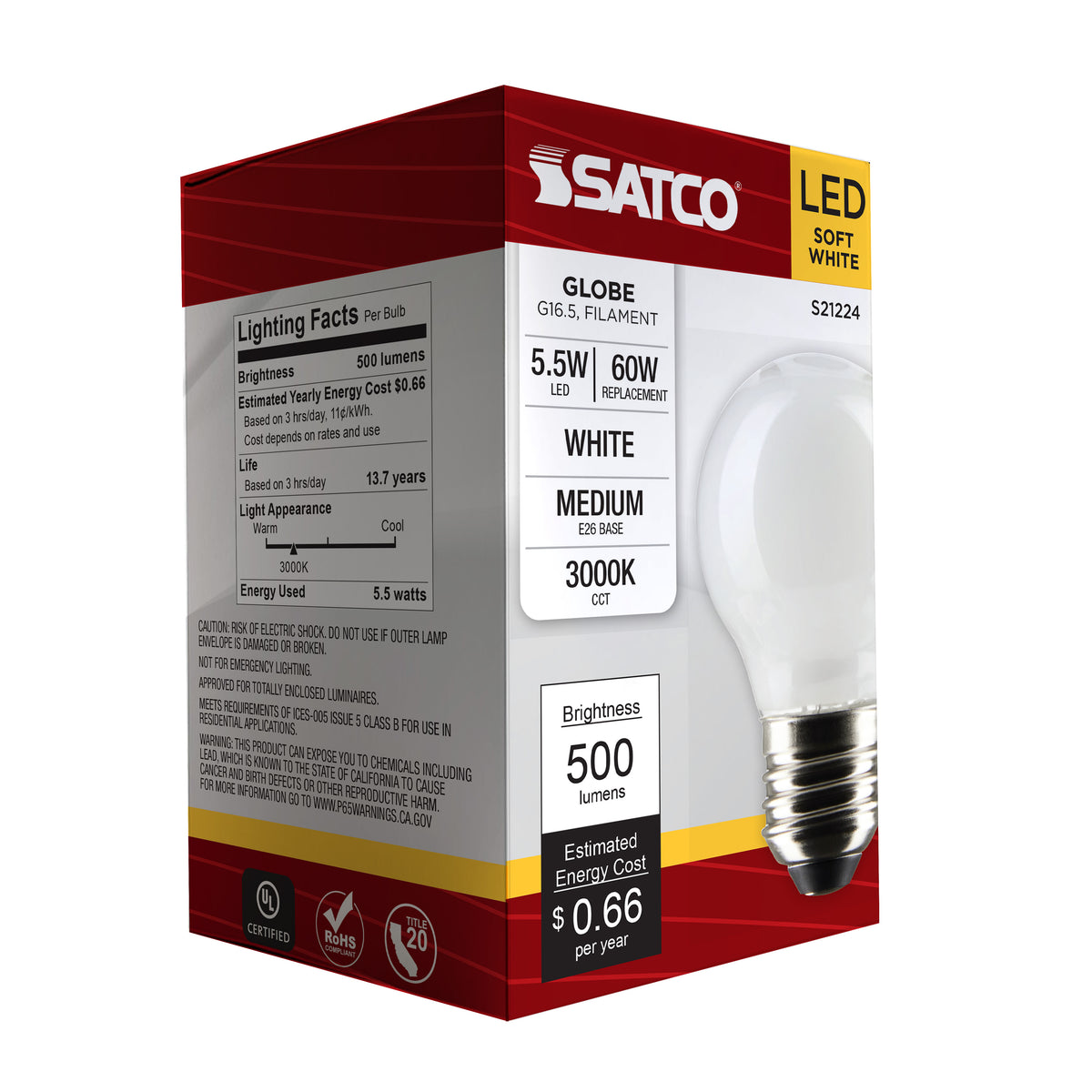 5.5 Watt G16.5 LED Filament - White - Medium base - 90 CRI - 3000K - 120 Volt