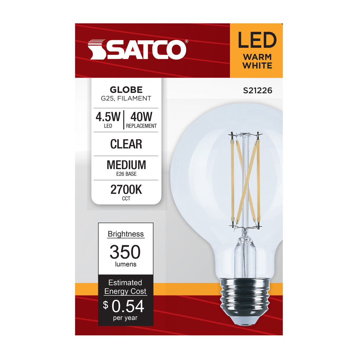 4.5 Watt G25 LED Filament - Clear - Medium base - 90 CRI - 2700K - 120 Volt