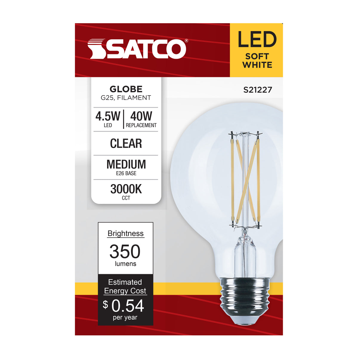 4.5 Watt G25 LED Filament - Clear - Medium base - 90 CRI - 3000K - 120 Volt