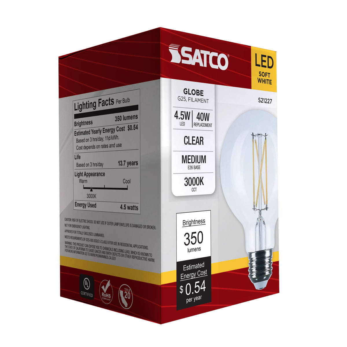 4.5 Watt G25 LED Filament - Clear - Medium base - 90 CRI - 3000K - 120 Volt