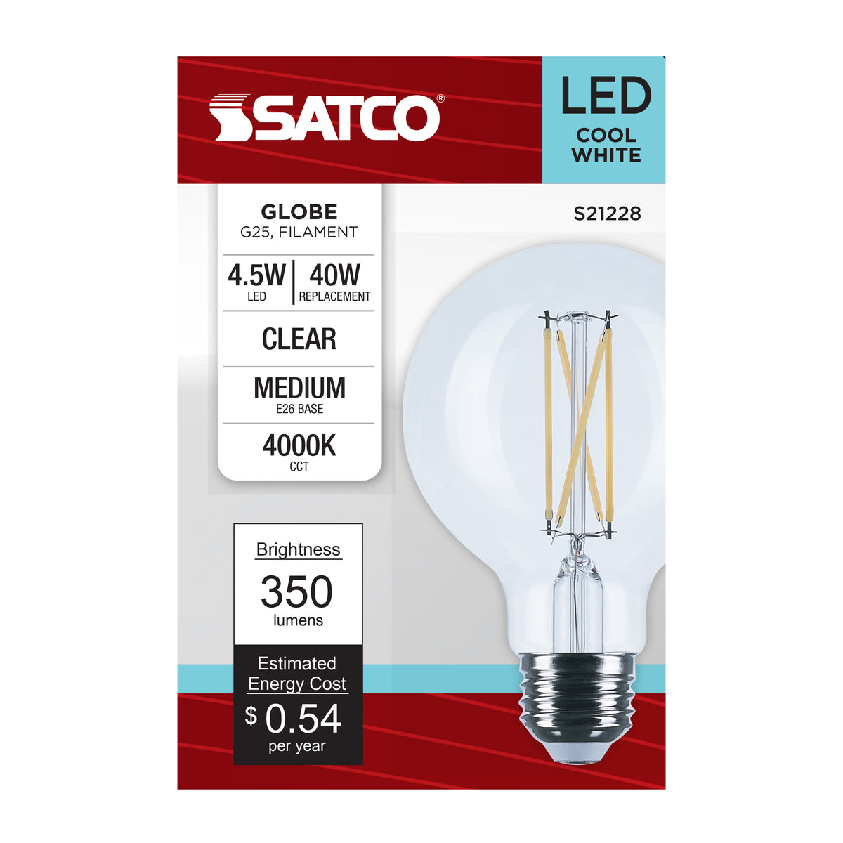 4.5 Watt G25 LED Filament - Clear - Medium base - 90 CRI - 4000K - 120 Volt