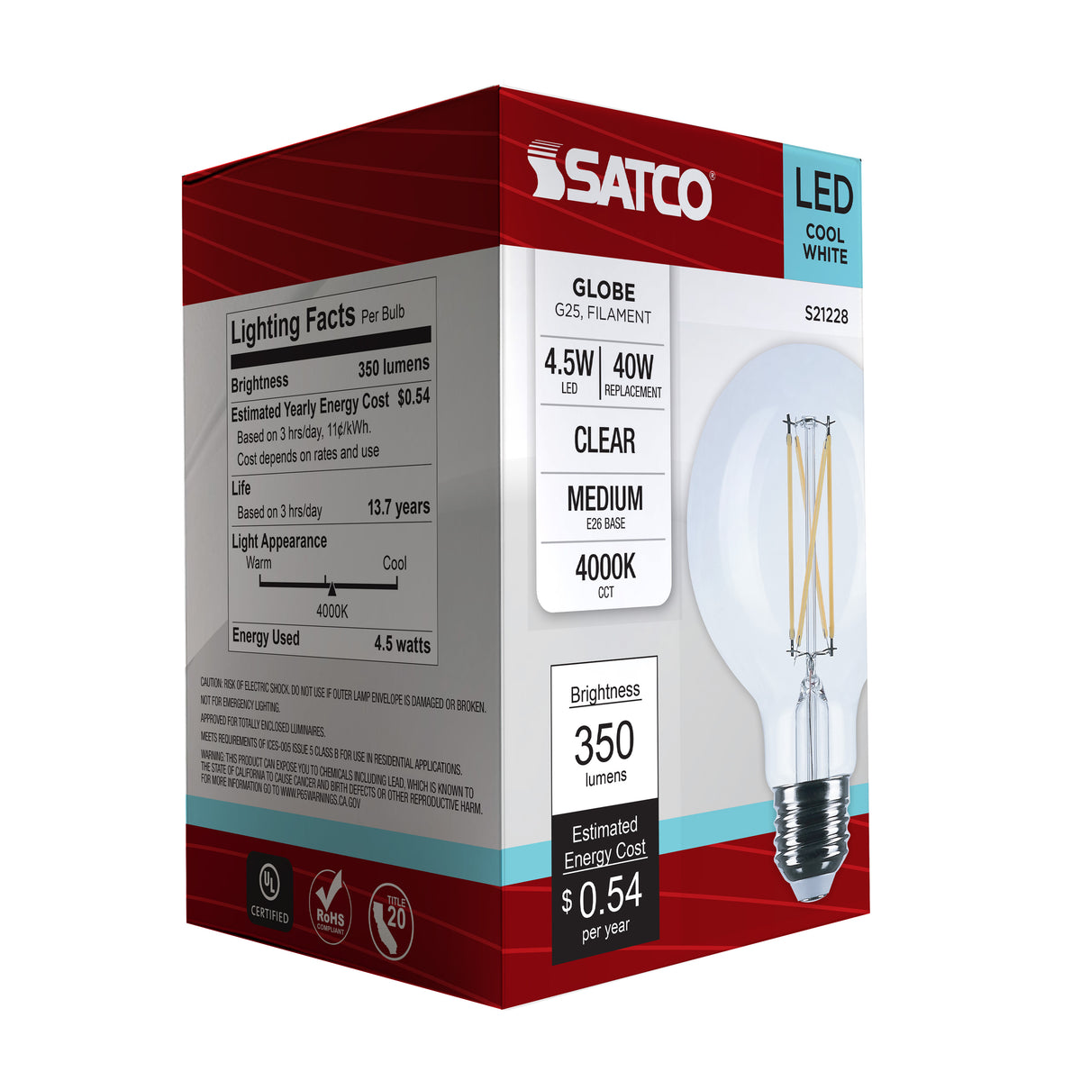 4.5 Watt G25 LED Filament - Clear - Medium base - 90 CRI - 4000K - 120 Volt