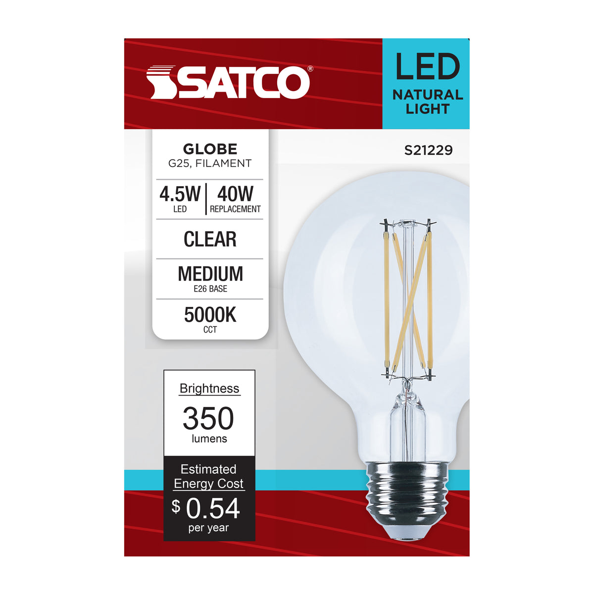 4.5 Watt G25 LED Filament - Clear - Medium base - 90 CRI - 5000K - 120 Volt