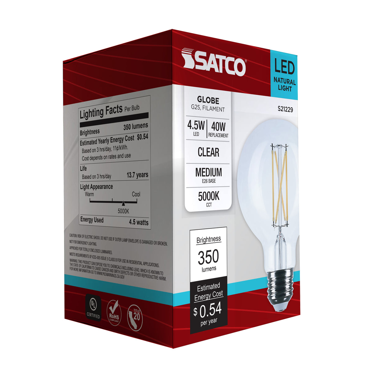 4.5 Watt G25 LED Filament - Clear - Medium base - 90 CRI - 5000K - 120 Volt