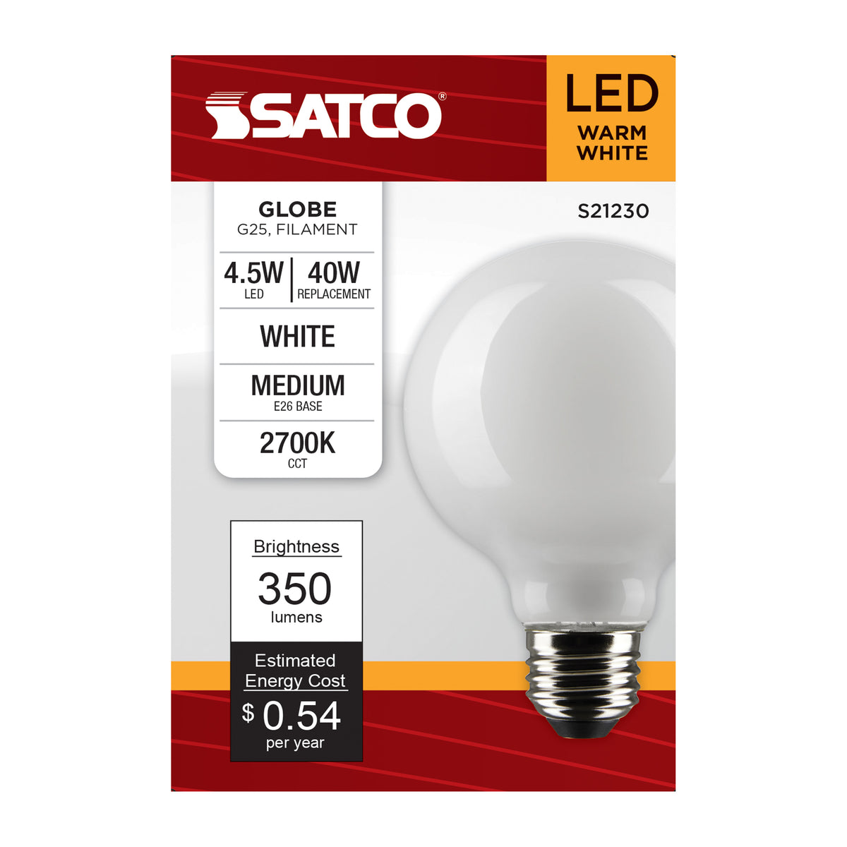4.5 Watt G25 LED Filament - White - Medium base - 90 CRI - 2700K - 120 Volt