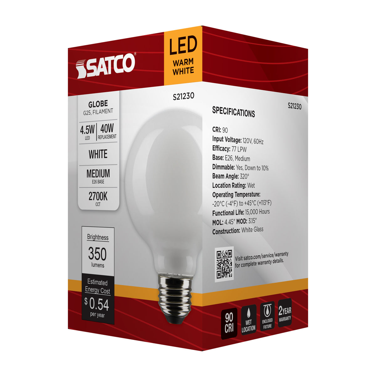 4.5 Watt G25 LED Filament - White - Medium base - 90 CRI - 2700K - 120 Volt