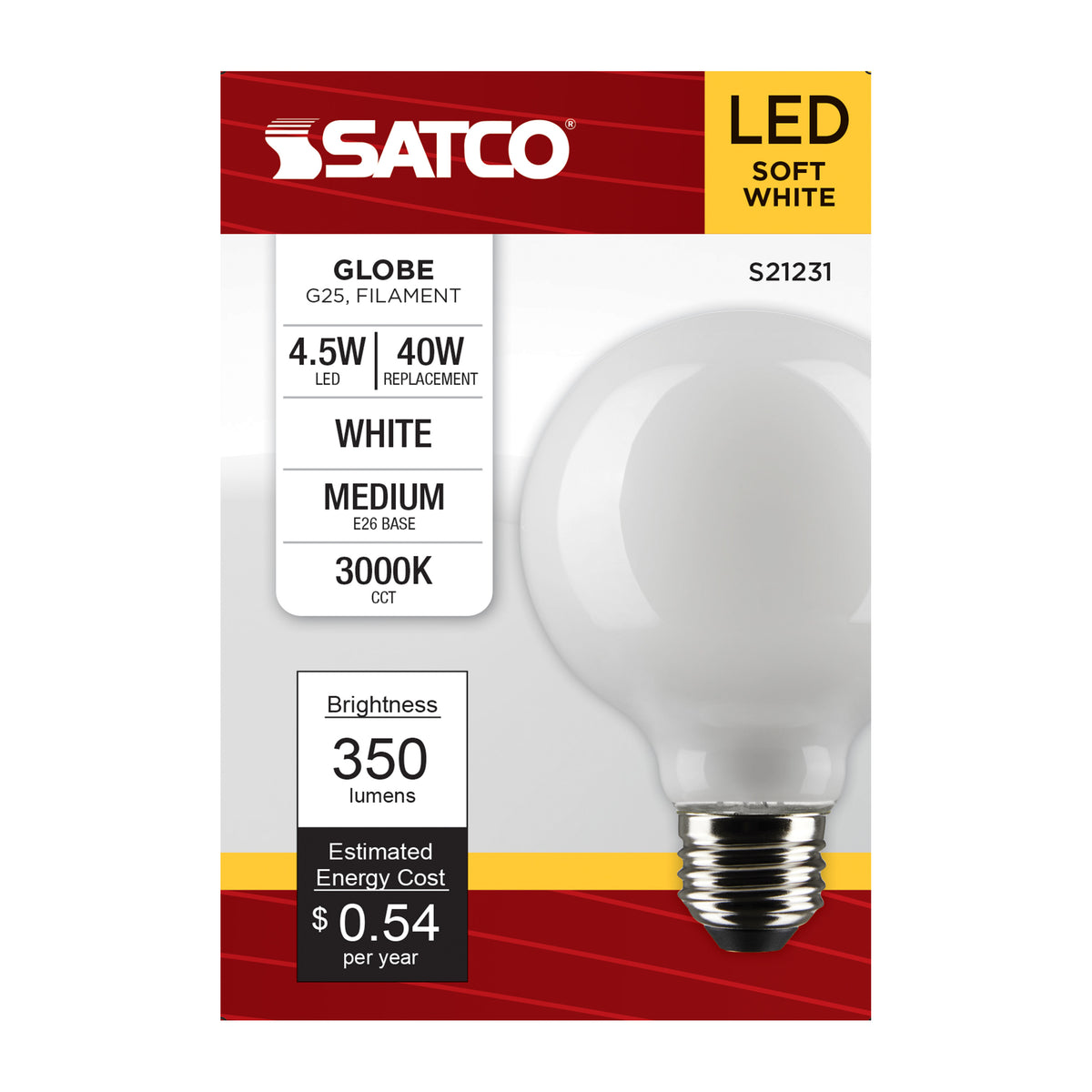 4.5 Watt G25 LED Filament - White - Medium base - 90 CRI - 3000K - 120 Volt