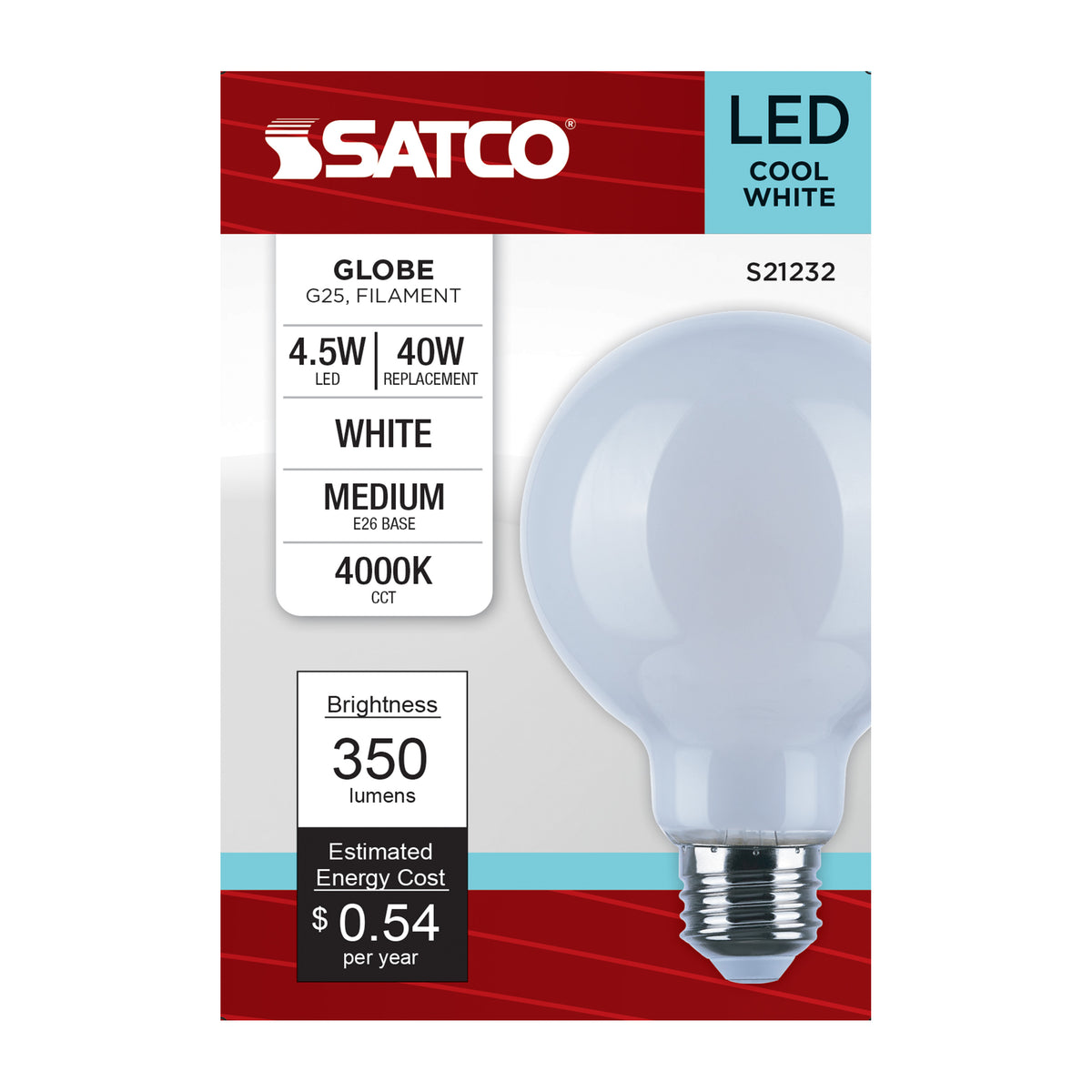 4.5 Watt G25 LED Filament - White - Medium base - 90 CRI - 4000K - 120 Volt