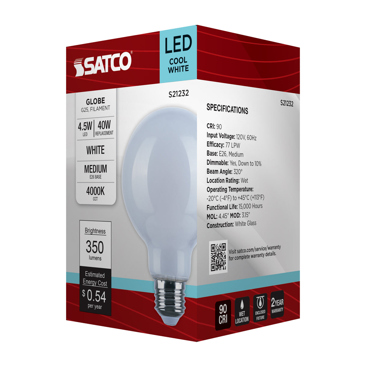 4.5 Watt G25 LED Filament - White - Medium base - 90 CRI - 4000K - 120 Volt