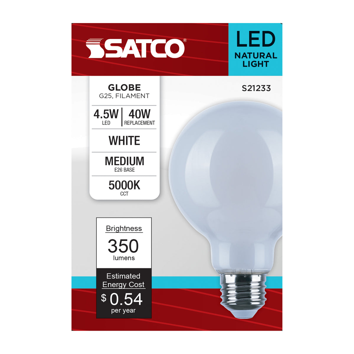 4.5 Watt G25 LED Filament - White - Medium base - 90 CRI - 5000K - 120 Volt