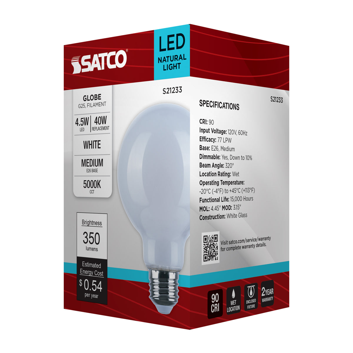 4.5 Watt G25 LED Filament - White - Medium base - 90 CRI - 5000K - 120 Volt