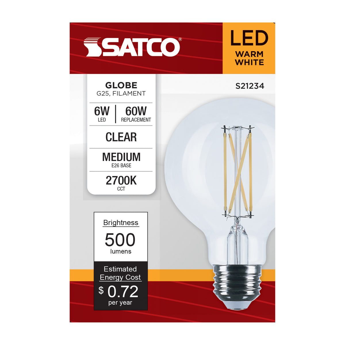 6 Watt G25 LED Filament - Clear - Medium base - 90 CRI - 2700K - 120 Volt