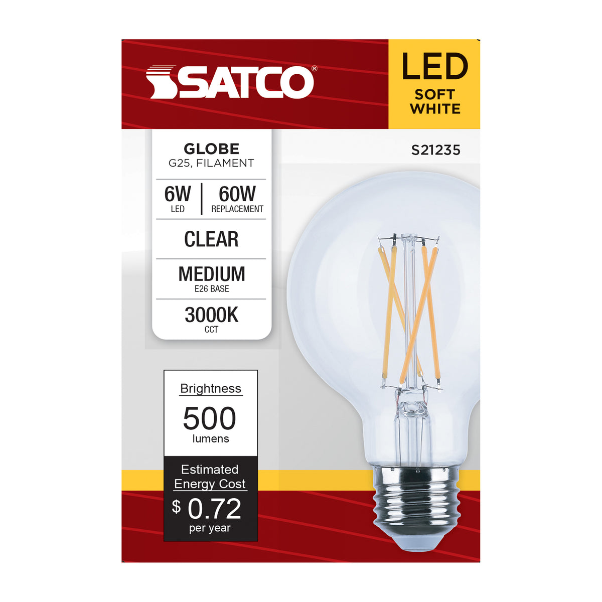 6 Watt G25 LED Filament - Clear - Medium base - 90 CRI - 3000K - 120 Volt