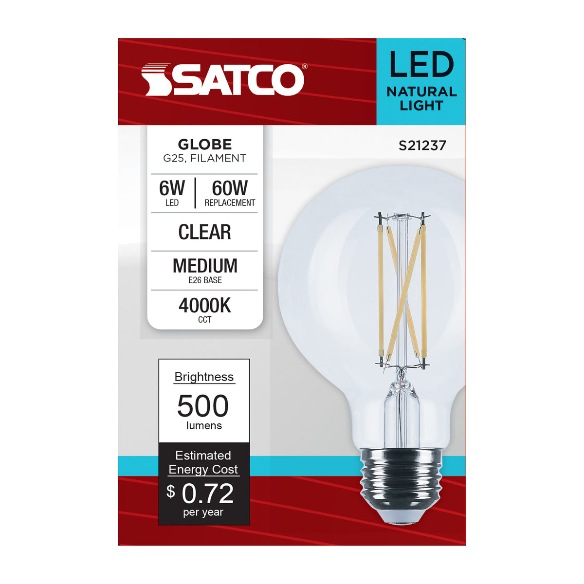 6 Watt G25 LED Filament - Clear - Medium base - 90 CRI - 5000K - 120 Volt