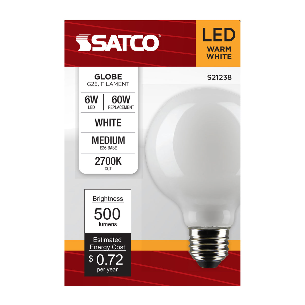 6 Watt G25 LED Filament - White - Medium base - 90 CRI - 2700K - 120 Volt