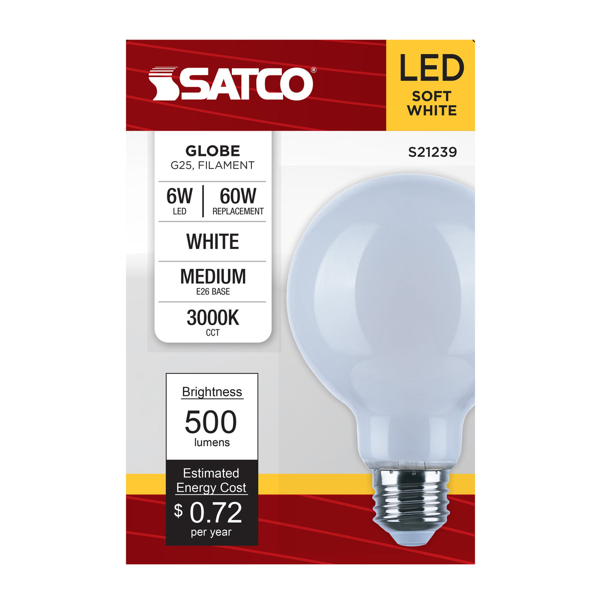 6 Watt G25 LED Filament - White - Medium base - 90 CRI - 3000K - 120 Volt