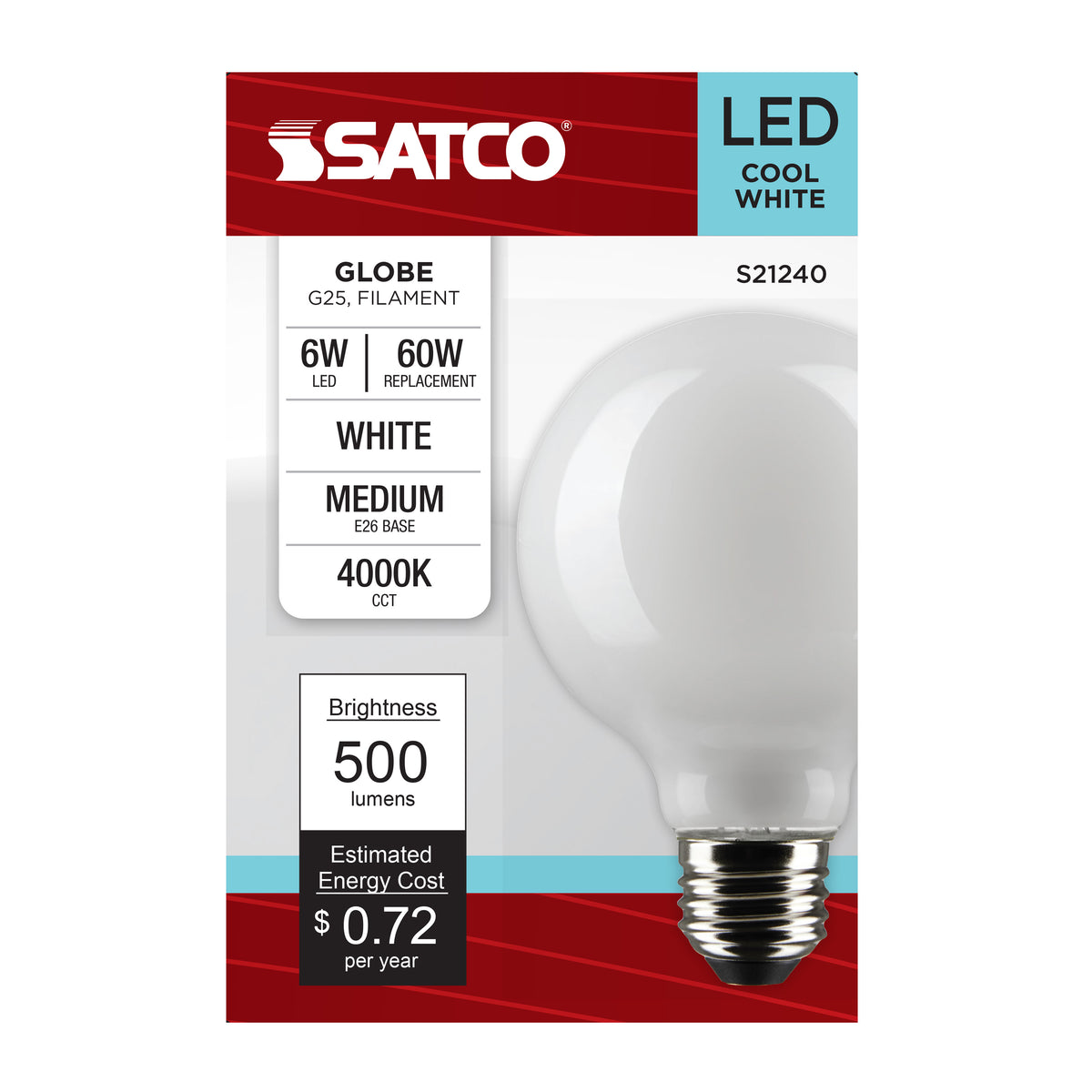 6 Watt G25 LED Filament - White - Medium base - 90 CRI - 4000K - 120 Volt