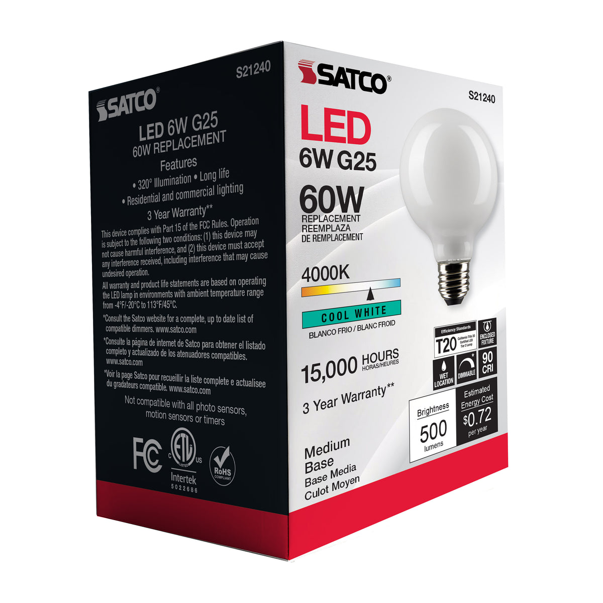 6 Watt G25 LED Filament - White - Medium base - 90 CRI - 4000K - 120 Volt