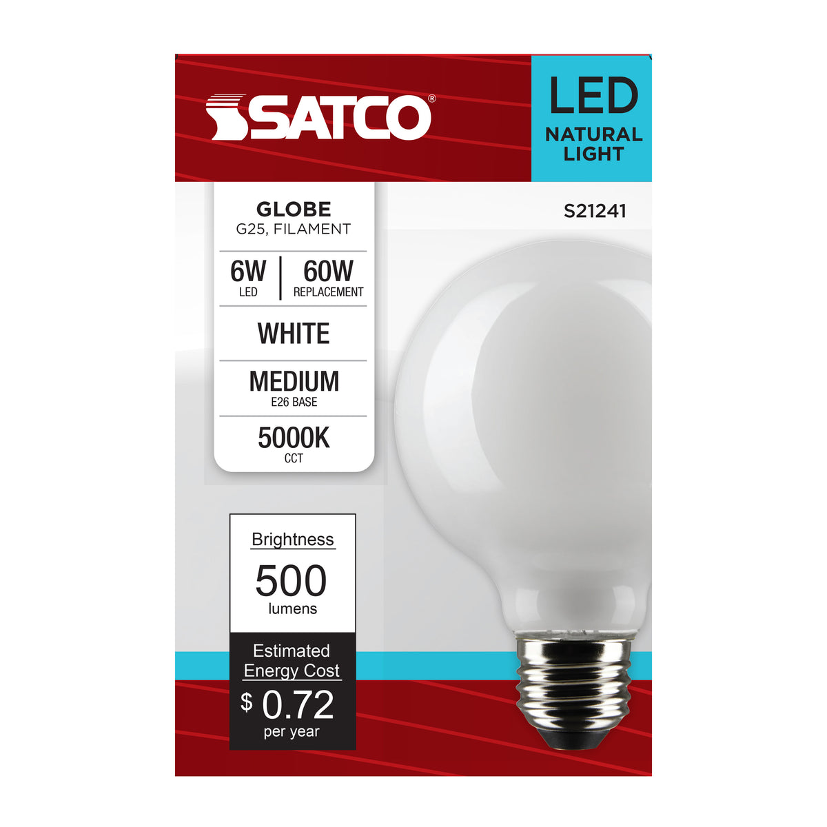 6 Watt G25 LED Filament - White - Medium base - 90 CRI - 5000K - 120 Volt