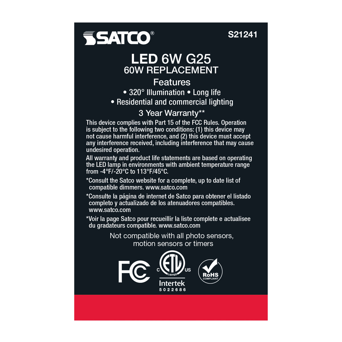 6 Watt G25 LED Filament - White - Medium base - 90 CRI - 5000K - 120 Volt
