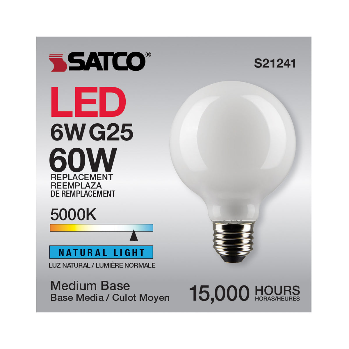 6 Watt G25 LED Filament - White - Medium base - 90 CRI - 5000K - 120 Volt