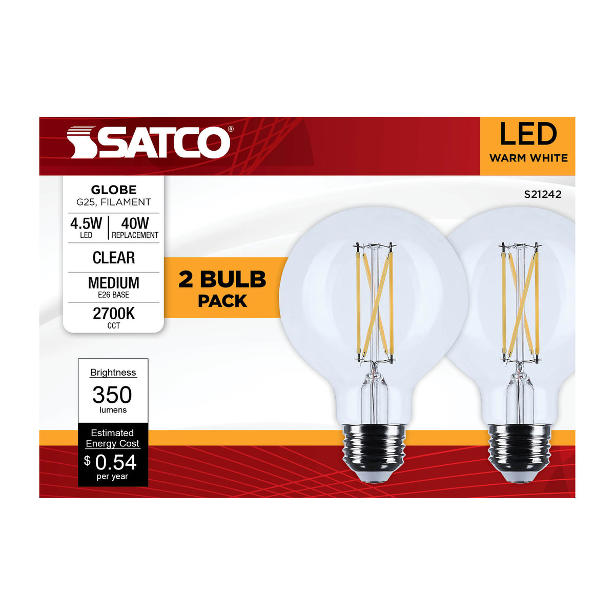 4.5 Watt G25 LED Filament - Clear - Medium base - 90 CRI - 2700K - 120 Volt - 2 Pack