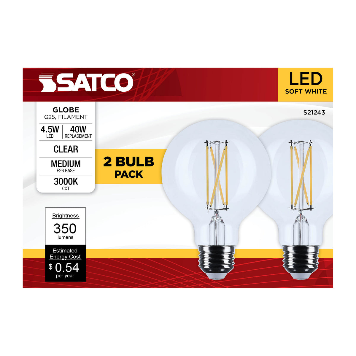 4.5 Watt G25 LED Filament - Clear - Medium base - 90 CRI - 3000K - 120 Volt - 2 Pack